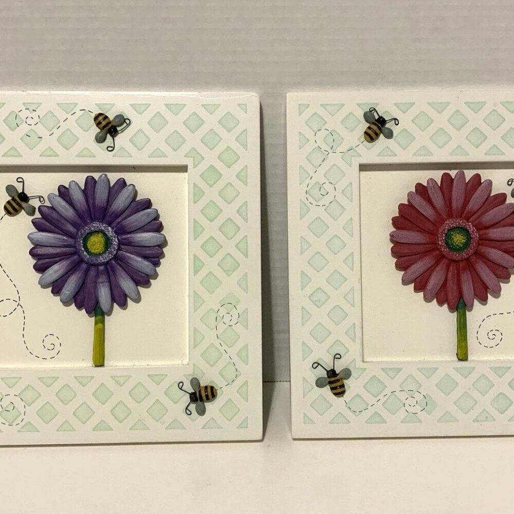Vtg Sandy Russell Art Pictures, 3D Flower & Bees, Lattice Frame, Set Of 2